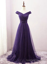 Dark Purple Sweetheart Tulle Off Shoulder Bridesmaid Dress, Long Prom Dress